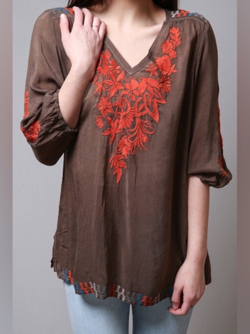 Johnny Was Chocolate Brown Burnt Orange Embroidered Mia Tunic Size S